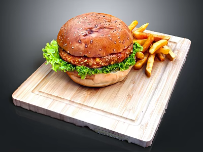 Juicy Hamburger with Sesame Bun Lettuce Patty and Crispy French Fries on Wooden Board 3d model
