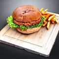 Juicy Hamburger with Sesame Bun Lettuce Patty and Crispy French Fries on Wooden Board