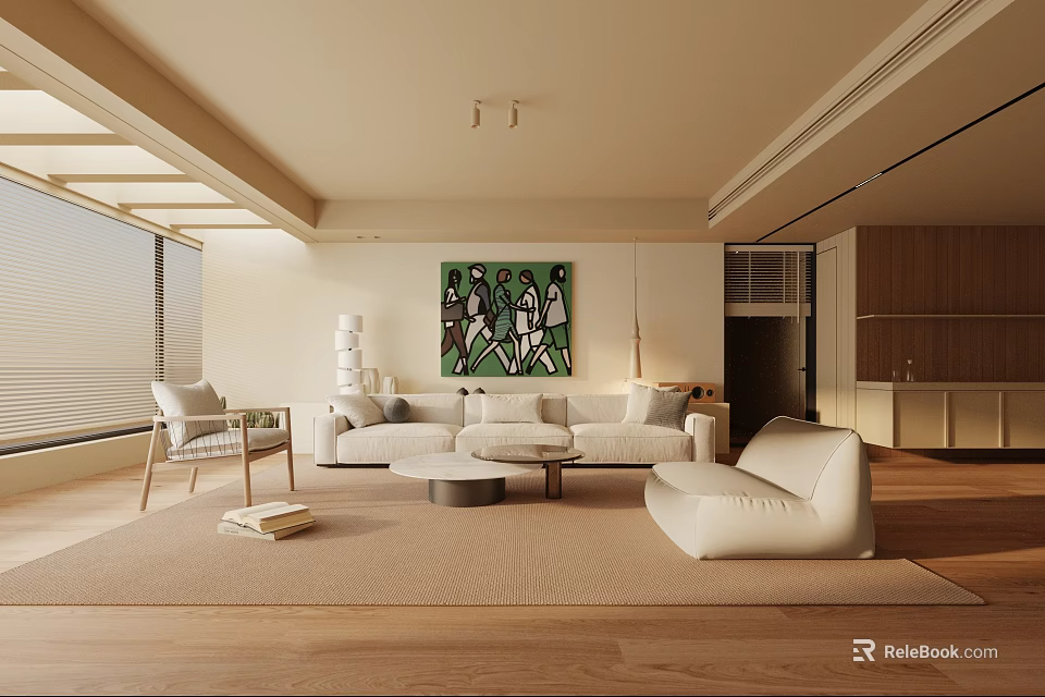Modern Living Room Interior Design With Beige Sofa Round Coffee Table And Green Wall Art 3d model 