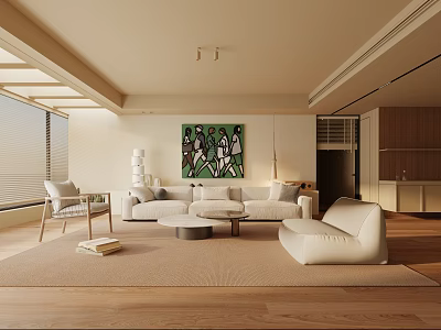 Modern Living Room Interior Design With Beige Sofa Round Coffee Table And Green Wall Art 3d model