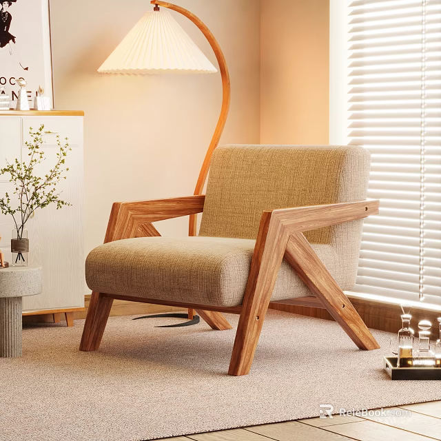 Cozy Living Room Accent Chair With Wooden Frame Beige Fabric Floor Lamp And Window Blinds 3d model 