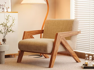 Cozy Living Room Accent Chair With Wooden Frame Beige Fabric Floor Lamp And Window Blinds 3d model