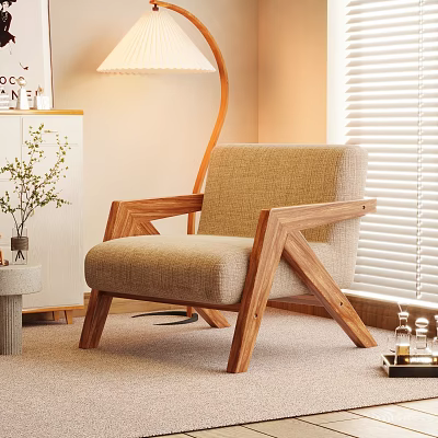 Cozy Living Room Accent Chair With Wooden Frame Beige Fabric Floor Lamp And Window Blinds 3d model