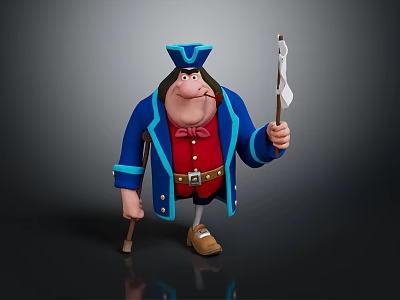 Cartoon Pirate Game Character Wearing Blue Coat Red Vest With Walking Cane And White Flag 3d model