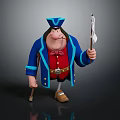 Cartoon Pirate Game Character Wearing Blue Coat Red Vest With Walking Cane And White Flag