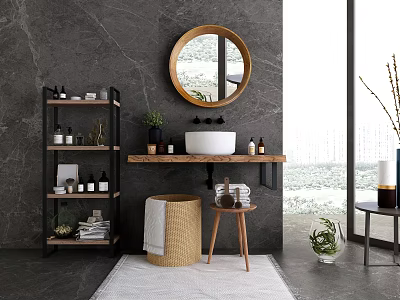 Gray Marble Wall Bathroom With Wooden Vanity White Washbasin Round Mirror And Natural View 3d model