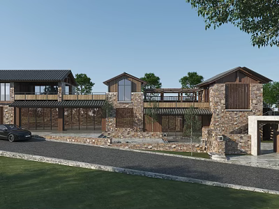 Rustic Modern Homestay Building With Stone Walls Wooden Accents Large Windows Terrace And Greenery 3d model