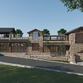 Rustic Modern Homestay Building With Stone Walls Wooden Accents Large Windows Terrace And Greenery