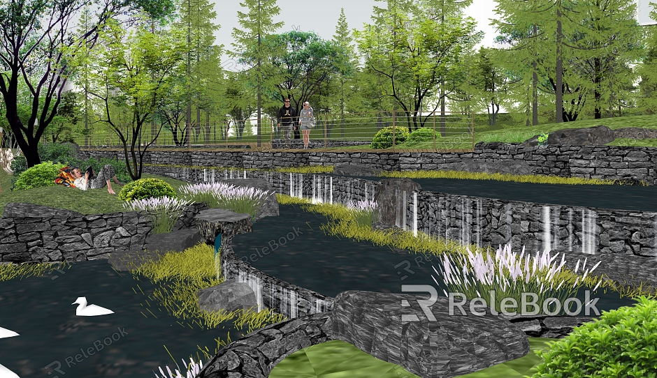 Modern Park Stacked Water Waterscape Falling Water Landscape Water Curtain Water Curtain rubble low wall Ecological Wild Interest Park Natural Wetland model