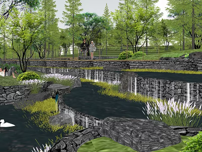Scenic Park Landscape with Pond Stream Stone Walls Lush Trees Swan and Purple Flowers 3d model