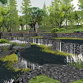 Scenic Park Landscape with Pond Stream Stone Walls Lush Trees Swan and Purple Flowers
