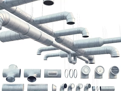 Various Types of Industrial Pipes and Fittings Including Elbows Joints 3d model