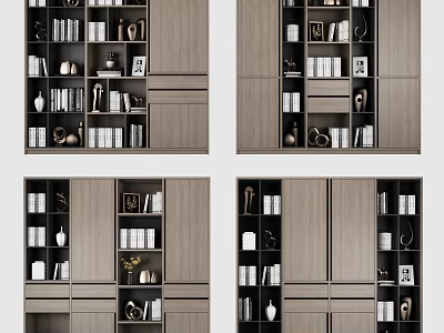 Modern Wooden Bookcase Design With Books Decorative Items Photo Frames And Vases 3d model