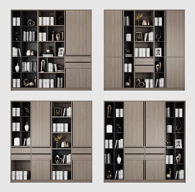 Modern Wooden Bookcase Design With Books Decorative Items Photo Frames And Vases 3d model