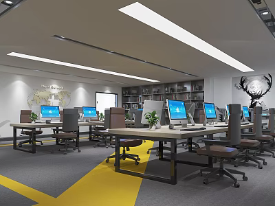 Public Office Space With Modern Desks Computer Monitors Bookshelves Globe And Yellow Floor Arrows 3d model