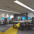 Public Office Space With Modern Desks Computer Monitors Bookshelves Globe And Yellow Floor Arrows