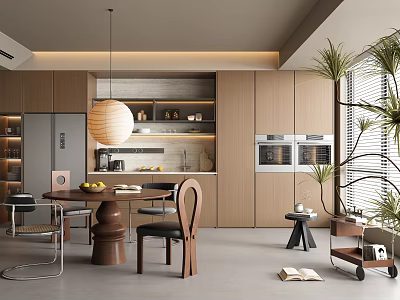 Modern Open Restaurant Interior With Dining Table Chairs Pendant Light And Green Plants 3d model