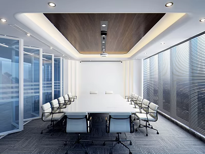 Modern Conference Room Space With Long Table Chairs Wooden Ceiling Recessed Lighting And Large Windows 3d model