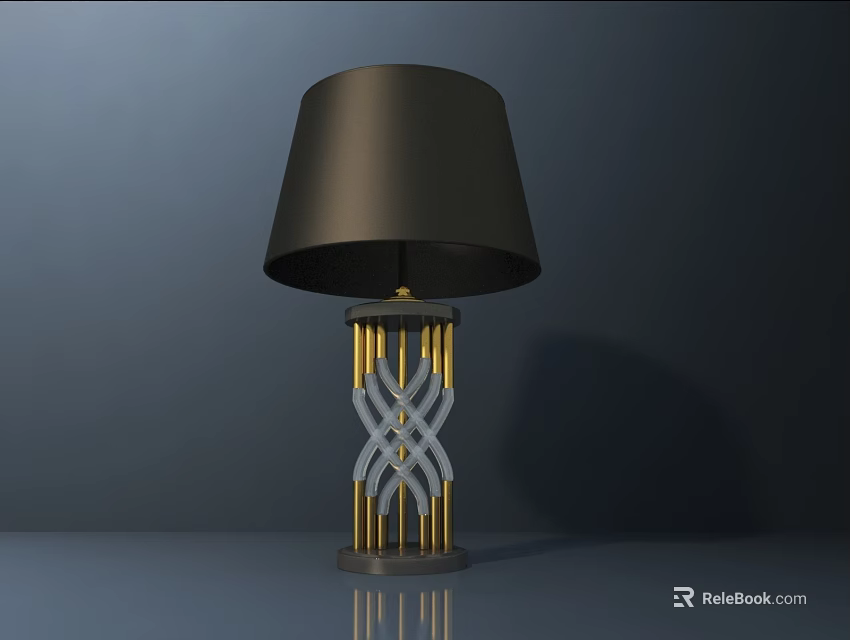 Modern Table Lamp With Black Lampshade And Gold Gray Intersecting Metallic Base Design 3d model 