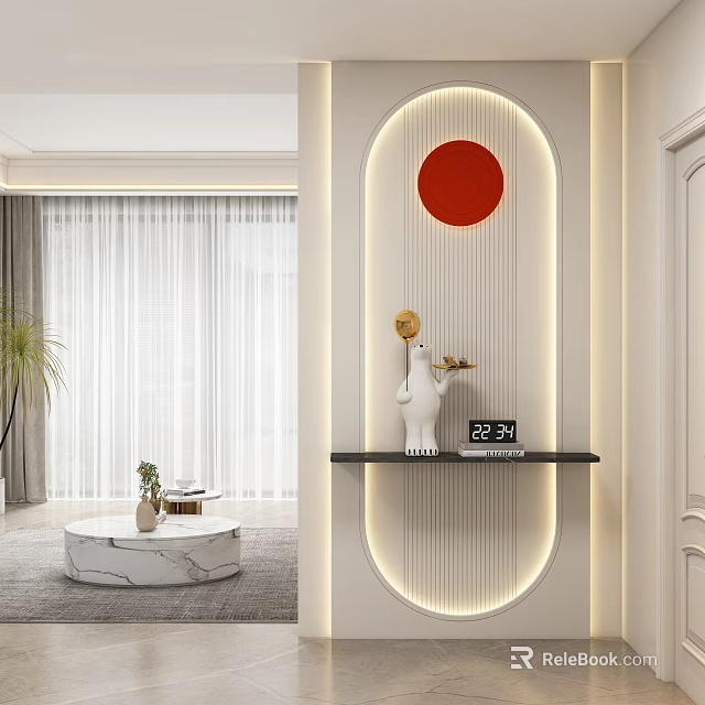 Entryway Hallway With Lighted Archway Red Circular Decor And White Sculpture On Black Shelf 3d model 