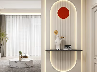 Entryway Hallway With Lighted Archway Red Circular Decor And White Sculpture On Black Shelf 3d model