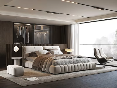 Modern Bedroom Interior With King Size Bed Walk in Closet and Floor to Ceiling Window 3d model