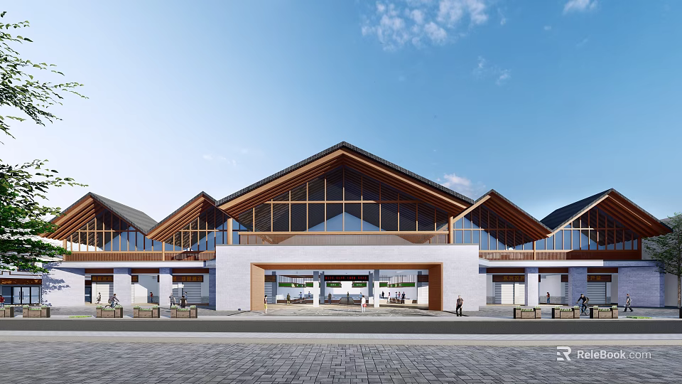 Modern Traditional Architectural Exterior Featuring Symmetrical Roof Glass Windows And Plaza Area 3d model 