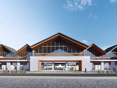 Modern Traditional Architectural Exterior Featuring Symmetrical Roof Glass Windows And Plaza Area 3d model