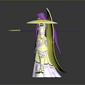Fantasy Angelic Character With Purple Hair Yellow Wings Elegant Outfit And Staff