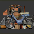 Vintage Blue Motorcycle With Orange Container Tools White Bucket And Wooden Boxes