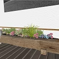 Bonsai Potted Plants In Rustic Log Planter With Colorful Flowers On Wooden Deck