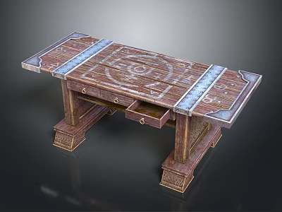 Decorative Wooden Table With Carved Patterns Blue Strips Drawer And Carved Legs 3d model