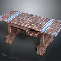 Decorative Wooden Table With Carved Patterns Blue Strips Drawer And Carved Legs