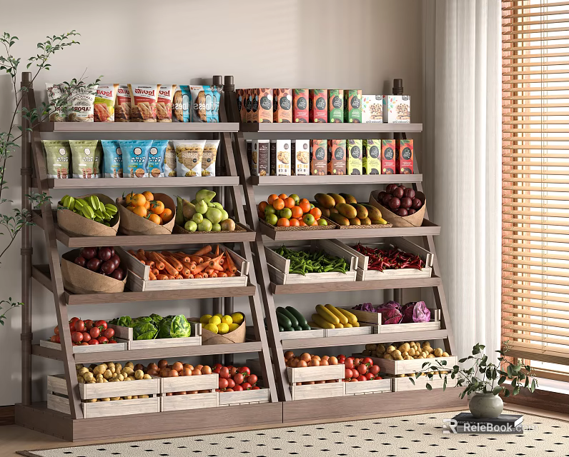 Multi Tiered Retail Display Shelves Stocked With Fresh Fruits Vegetables And Packaged Goods 3d model 