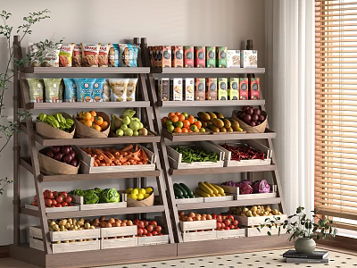Multi Tiered Retail Display Shelves Stocked With Fresh Fruits Vegetables And Packaged Goods 3d model