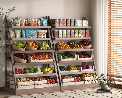 Multi Tiered Retail Display Shelves Stocked With Fresh Fruits Vegetables And Packaged Goods 3d model