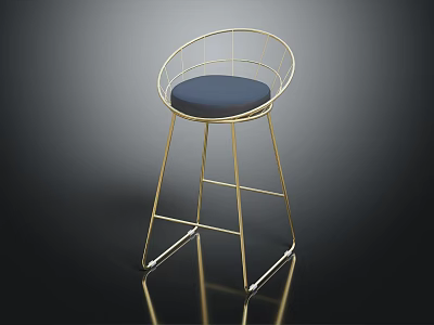 Modern Bar Stool With Golden Metal Frame Circular Backrest And Blue Cushion Reflective Base 3d model