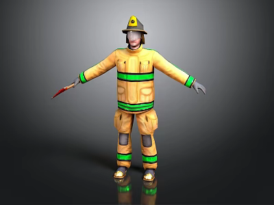 Man In Yellow Firefighter Uniform With Green Stripes Wearing Helmet And Holding Rescue Tool 3d model