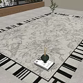 Square Area Rug With Light Floral Pattern And Black White Striped Border On Wooden Floor