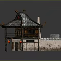 Traditional Chinese Architecture with Tiled Roof Overhanging Eaves Red Lanterns Wooden Structure and Stone Walls