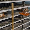 Construction Site With Orange Crane Yellow Trucks Workers And Stacked Materials 3d model