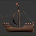Wooden Sailing Ship With Striped Sail And Colorful Flags On Deck Decoration
