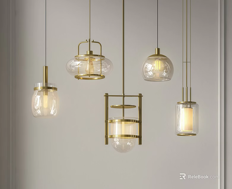 Modern Glass Pendant Lights With Brass Frames And Various Designs For Home Interior 3d model 