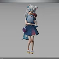 Anime Girl With Cat Ears And Fox Tail Decoration Wearing Blue Dress Holding Red Item