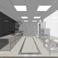 Modern Commercial Kitchen Interior With Stainless Steel Worktables Refrigerators Sinks White Walls And Ceiling Lights
