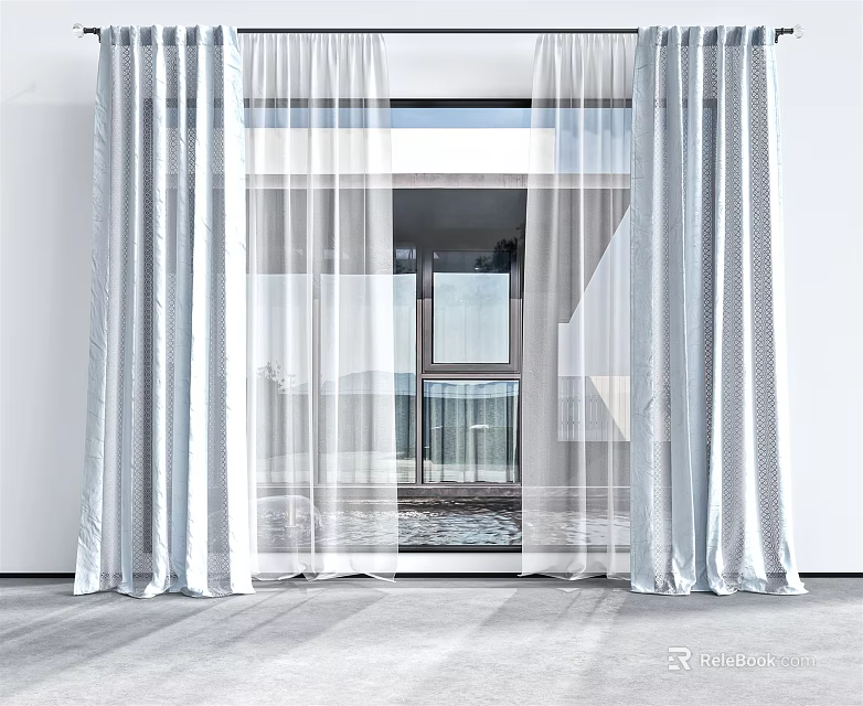 Light Colored Sheer Curtains Hanging On Floor To Ceiling Window In Modern Interior 3d model
