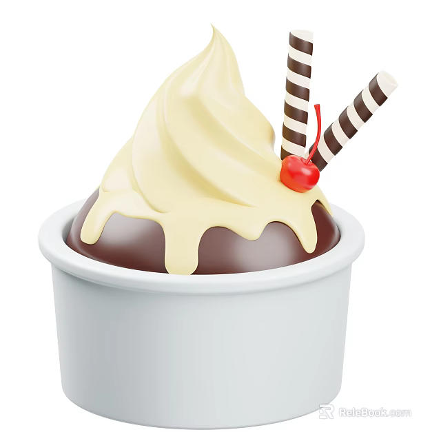 Rich Creamy Vanilla Ice Cream with Chocolate Drizzle Cherry and Striped Sticks in White Cup 3d model 