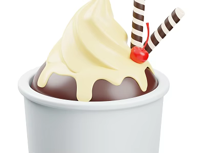 Rich Creamy Vanilla Ice Cream with Chocolate Drizzle Cherry and Striped Sticks in White Cup 3d model