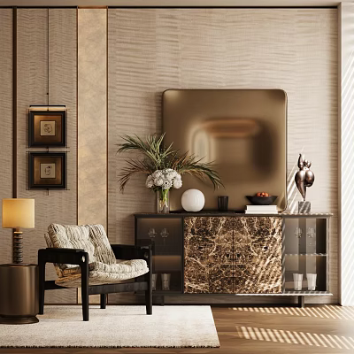 Modern Entryway Console Cabinet With Marble Surface Mirror Green Plant And Decor Items 3d model