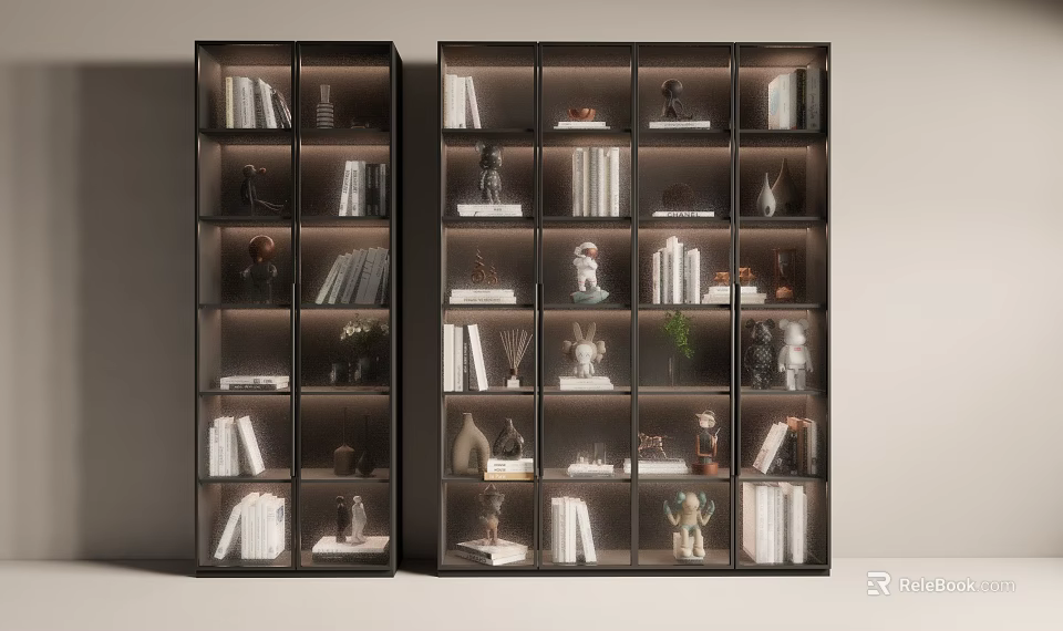 Black Display Cabinets Interior With Glass Doors Books Figurines Sculptures And Green Plants 3d model 